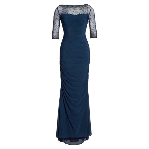 La Femme Navy Ruched Rhinestone Shoulder Gown - Picture 2 of 13